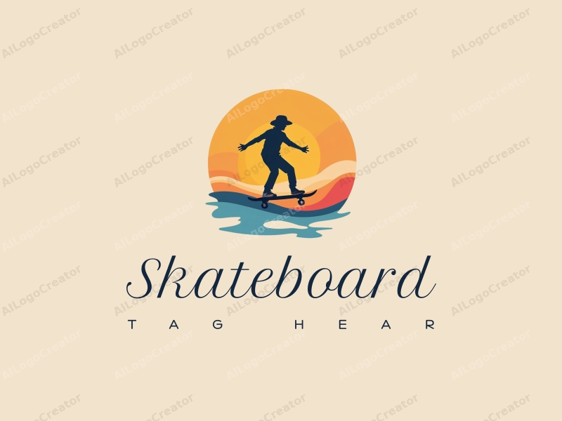 playful design features a vibrant skateboard silhouette under a bright sun, combined with a clean background and simple shapes.