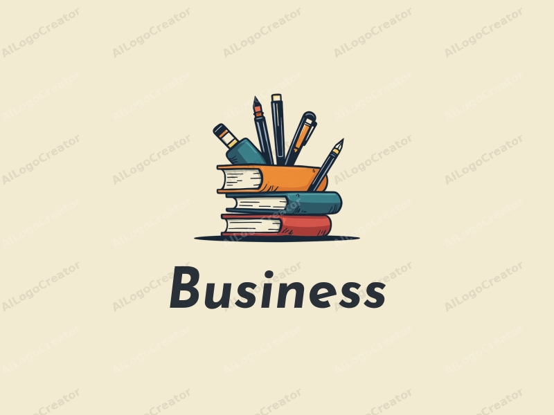 a modern design featuring elements of business and office, including stylized books and pens, combined with a clean background and a harmonious composition.