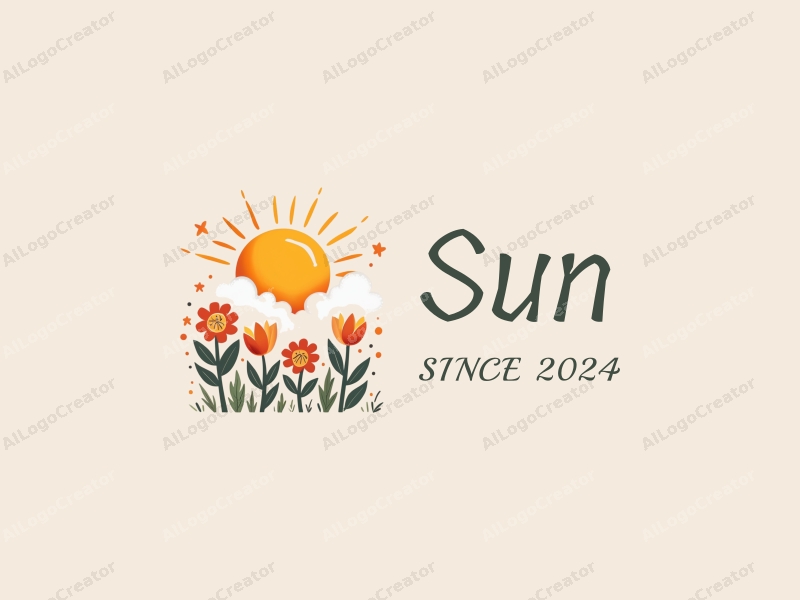 playful design features a bright sun radiating light, fluffy clouds, and whimsical flowers, combined with a clean background.