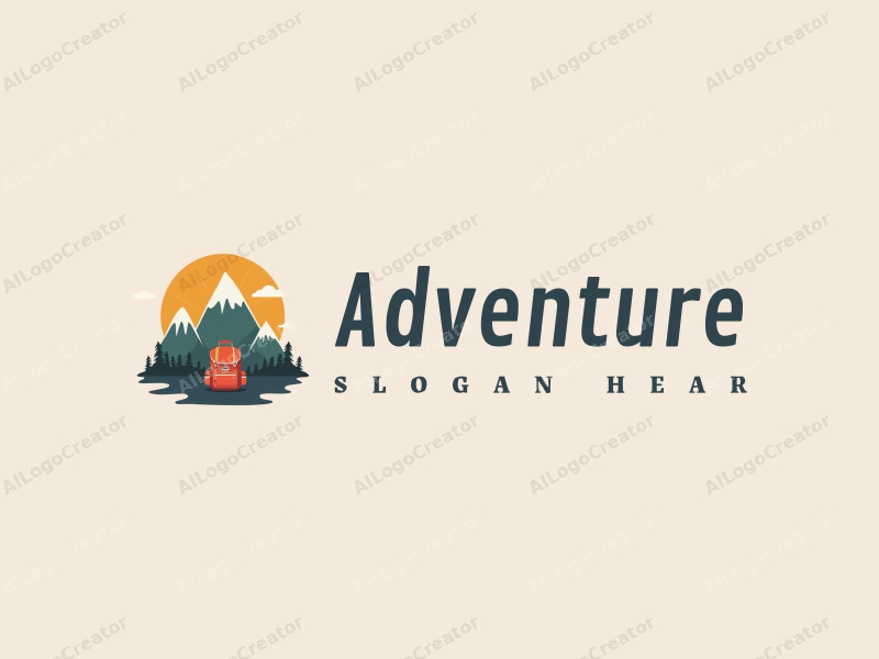 playful design features stylized mountains, a whimsical backpack, and elements of adventure and exploration combined with a clean background.