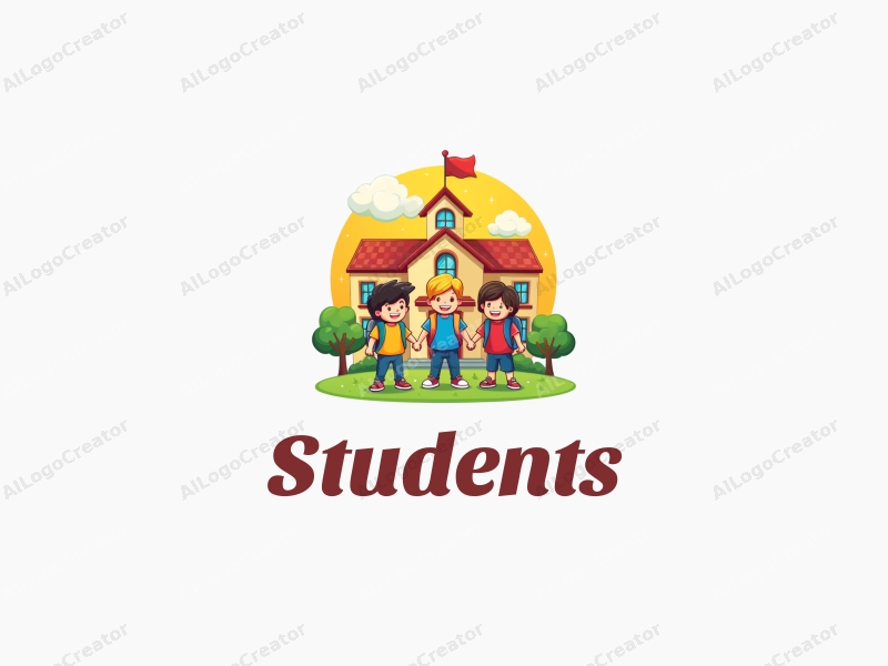 playful design features cheerful students, a stylized school building, books, and backpacks, combined with a vibrant and colorful background.