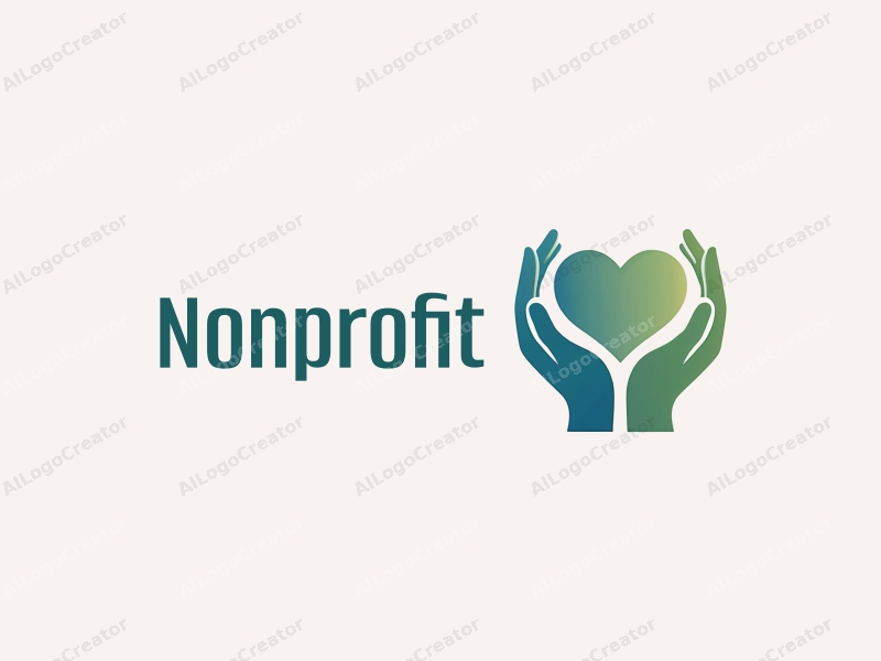 modern design features a stylized heart and hand symbolizing charity and volunteer work, combined with a clean background in blue and green tones.