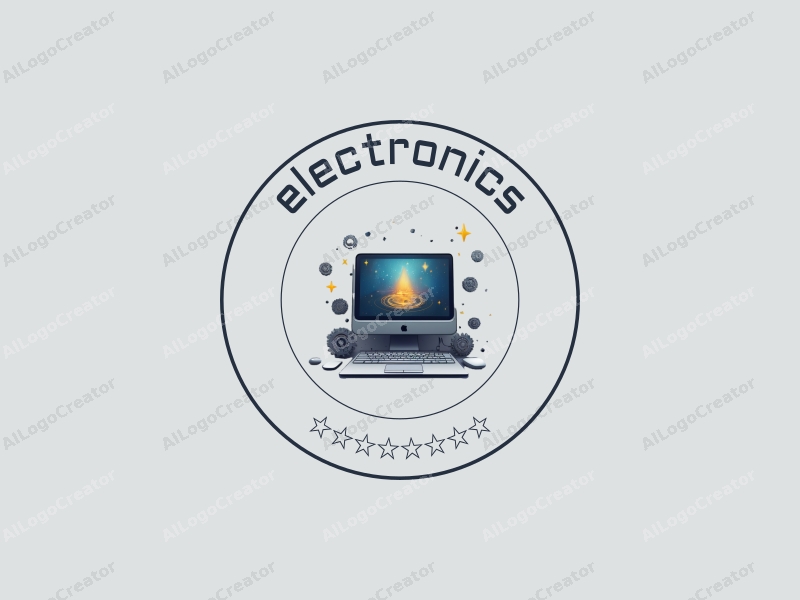 a modern design featuring sleek electronic devices and a stylized computer intertwined with gears and magical elements, combined with a clean silver background.