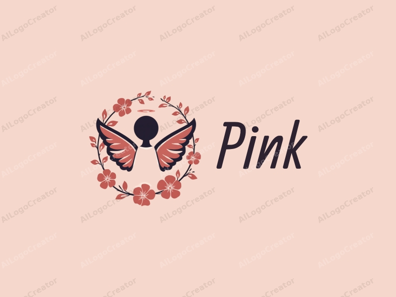 minimalist design features a stylized angel silhouette surrounded by delicate flower petals and cherry blossoms, combined with a clean pink background.