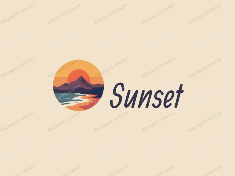 vintage design features a stylized sunset over a beach with mountains in the background, incorporating warm orange and purple tones, combined with a clean and harmonious layout.