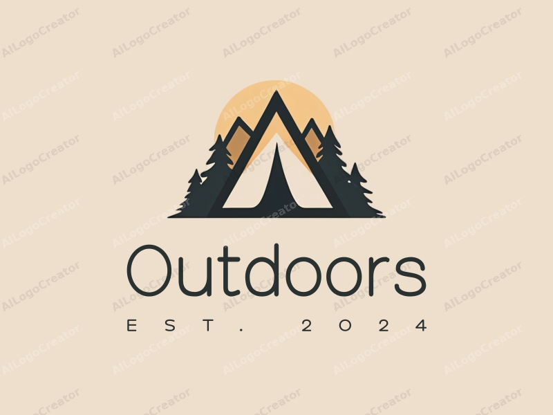 modern design features a stylized camping tent and mountain peak, combined with a clean background and a harmonious composition.