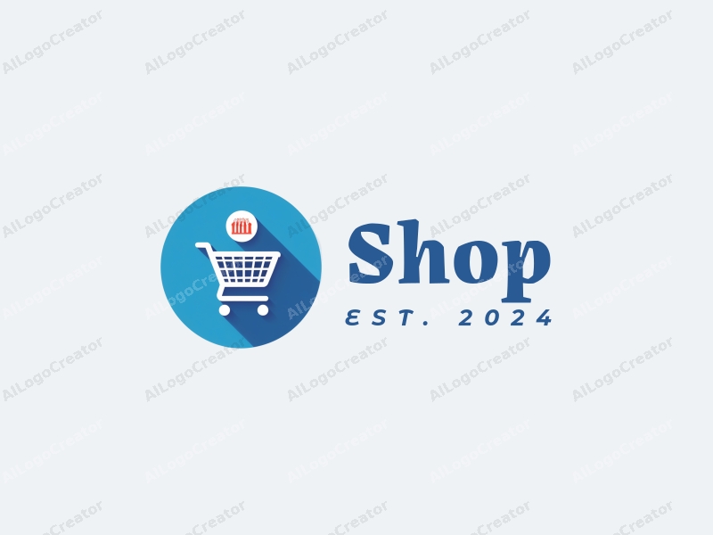 modern design features a stylized shopping cart and a circular emblem representing a store, combined with a clean blue background.