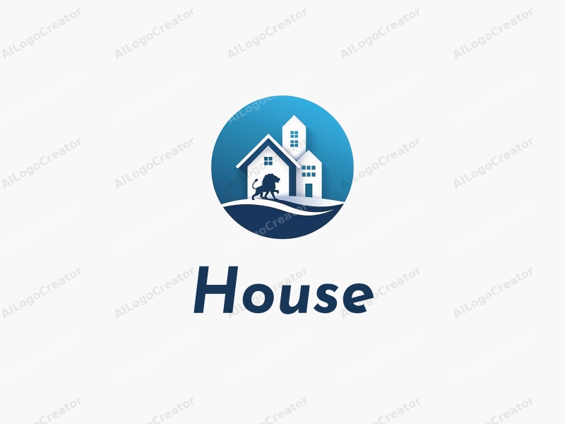 modern design features a stylized house and building silhouette, combined with a lion symbolizing strength and an energy icon, all set against a clean blue background.