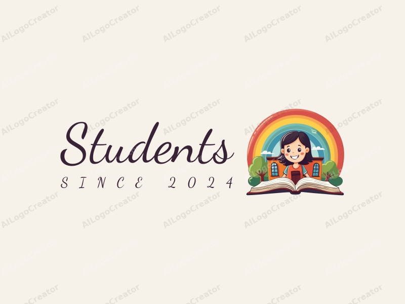 playful design features a cheerful student character, a stylized school building, an open book, and a vibrant rainbow, combined with a clean background.