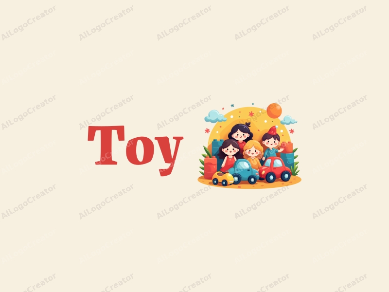 playful design features a vibrant arrangement of dolls, puzzles, toy cars, and building blocks, combined with a clean background and a whimsical approach.