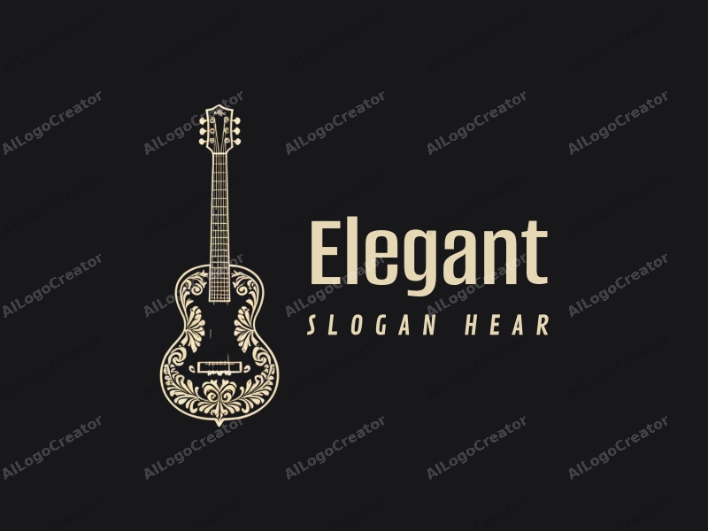 a modern design featuring elegant and refined elements, a stylized guitar intertwined with floral patterns, combined with a clean black background.