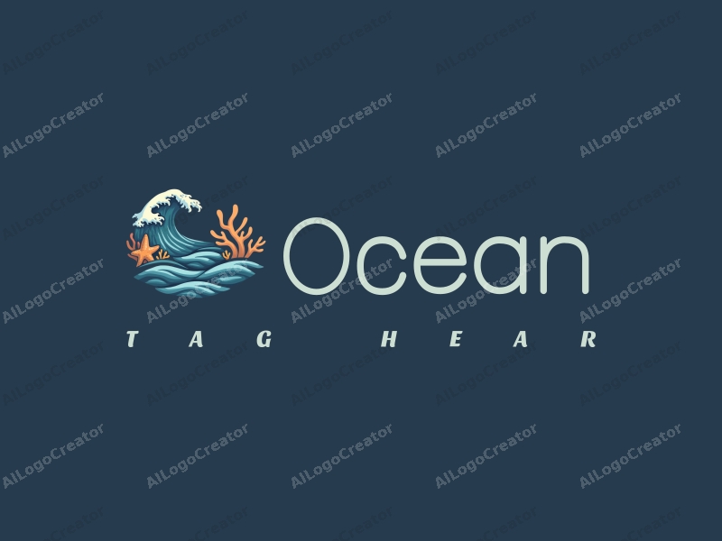 modern design features stylized waves, marine life elements like starfish and coral, combined with a clean background and a harmonious composition.