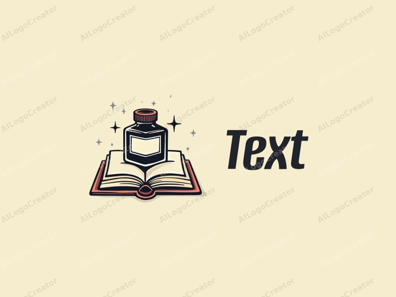 modern design features stylized text and font, an open book, and an ink bottle, combined with a clean background.