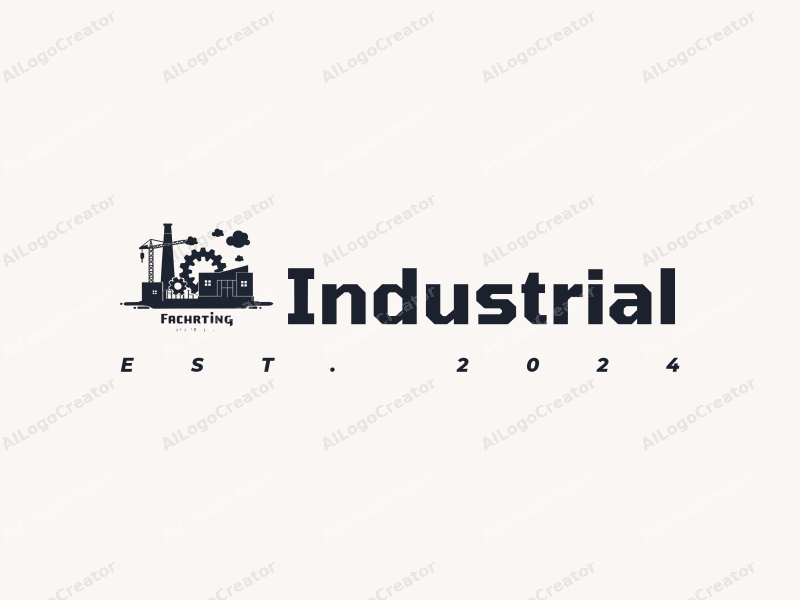 modern design features a stylized factory silhouette, interlocking gears, and a crane, combined with a clean background.