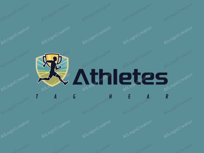 modern design features a dynamic athlete in motion, a stylized trophy, and a sports field background combined with a clean and simple layout.