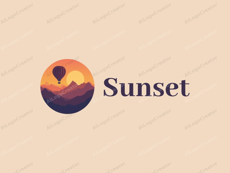 vintage design features a warm sunset with orange and purple hues, a stylized hot air balloon floating over majestic mountains, combined with a clean and harmonious background.