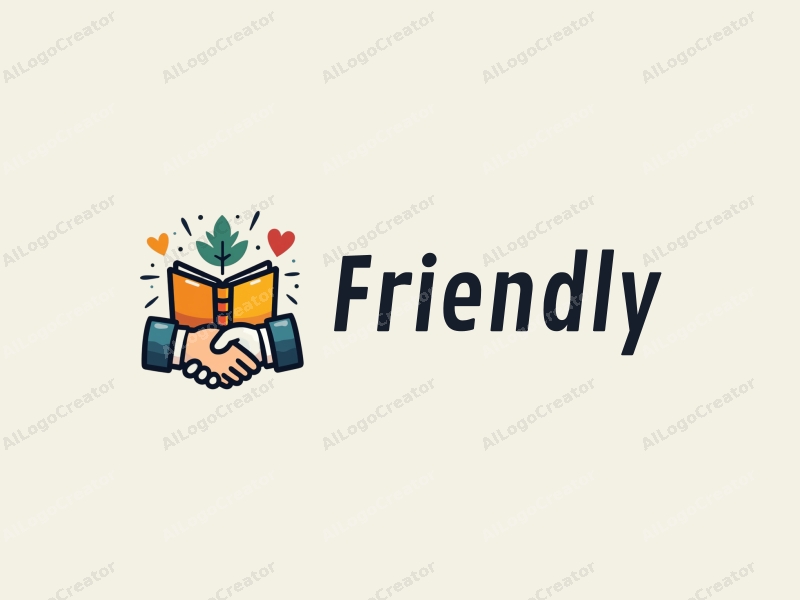 playful design features a stylized book and a handshake, combined with a clean background, emphasizing friendship and community in an educational and social context.