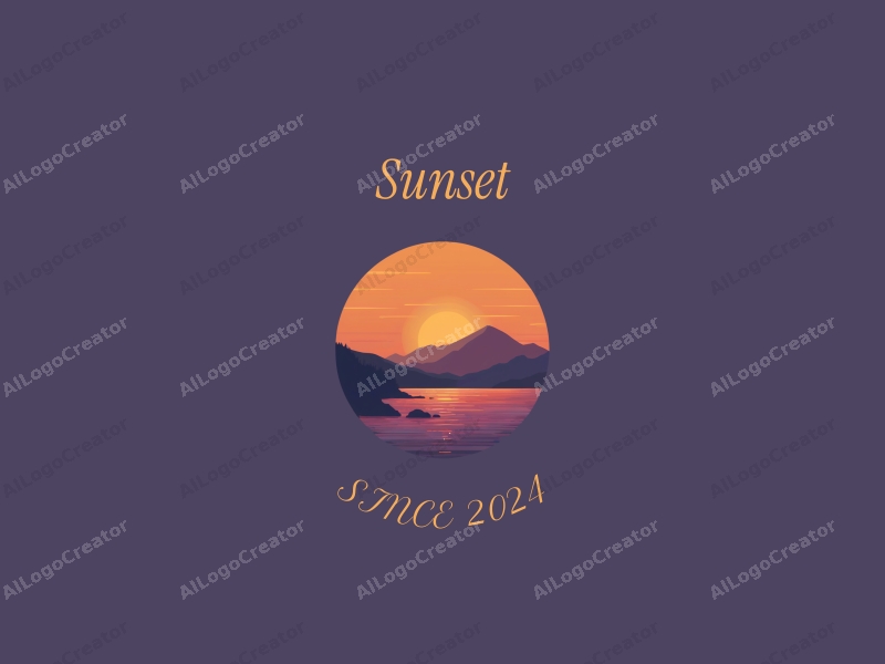 vintage design features a stylized sunset over a coastline with mountains in the background, using a harmonious blend of orange and purple colors, combined with a clean and simple layout.