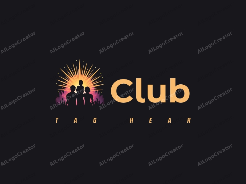 a modern design featuring a stylized club silhouette, social elements intertwined with rays of light, creating a vibrant party atmosphere against a clean black background.