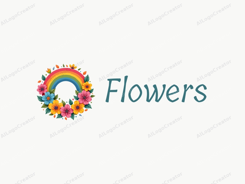 playful design features vibrant flowers and petals arranged in a circular wreath, complemented by a colorful rainbow, combined with a clean background.