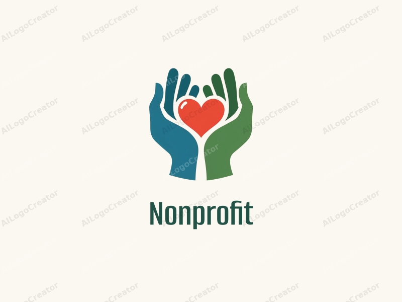 modern design features a stylized heart and hands symbolizing charity and volunteerism, combined with a clean background in blue and green tones.