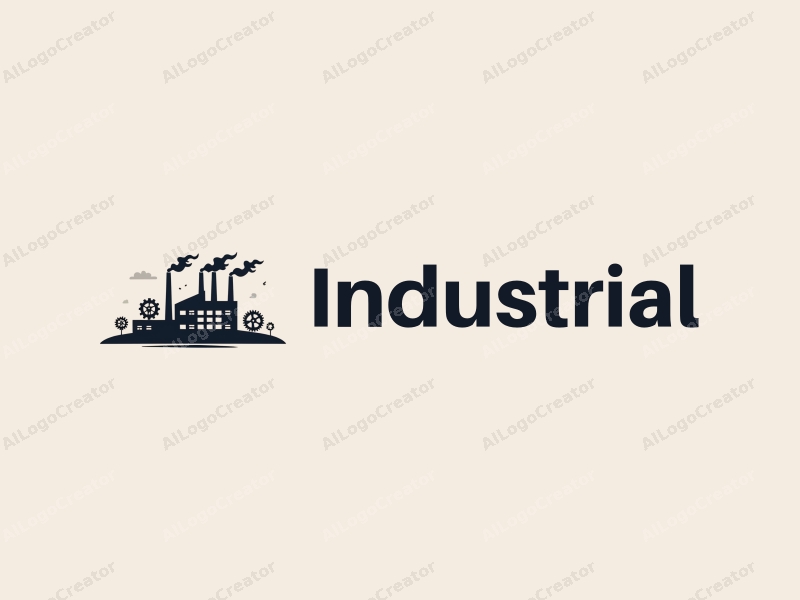 modern design features a stylized factory silhouette with gears and chimneys, utilizing a clean and simple composition with a focus on industrial elements.