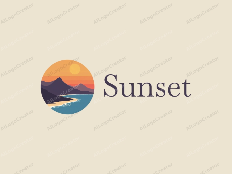 vintage design features a stylized sunset over a coastline with mountains in the background, using a harmonious blend of orange and purple colors, combined with a clean and simple composition.