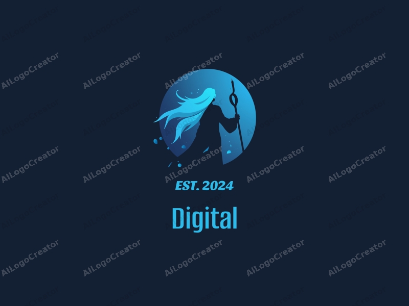 a modern minimalist design featuring digital elements, a stylized figure with long hair holding a staff, combined with a clean blue and black background.