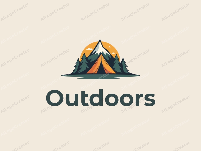 modern design features a stylized camping tent and mountain peak, combined with a clean background and a harmonious composition.