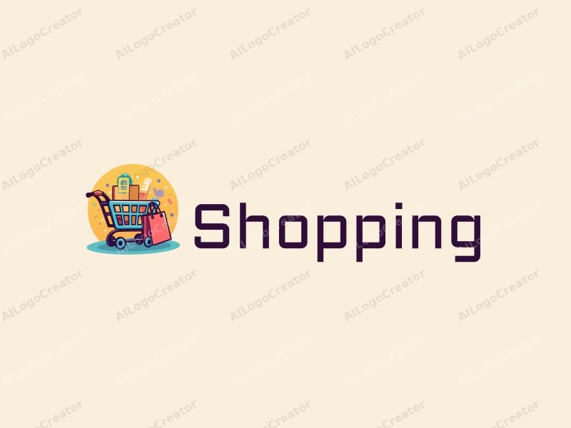 a modern design featuring a colorful shopping cart and shopping bag, combined with a vibrant mall background, emphasizing a clean and harmonious composition.