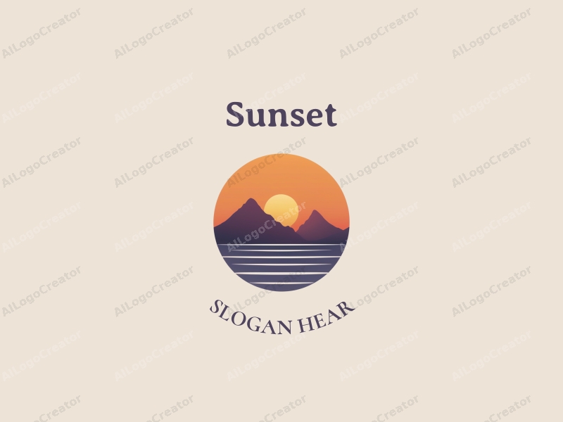 vintage design features a stylized sunset over mountains and ocean, with a harmonious blend of orange and purple colors, creating a clean and simple composition.