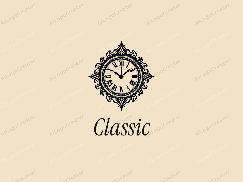 vintage design features a classic clock silhouette intertwined with traditional patterns, set against a clean background with dark and neutral tones.