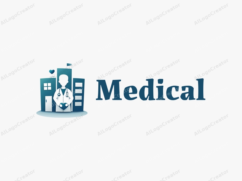 modern design features a stylized hospital silhouette, a doctor figure, a stethoscope, and a syringe, combined with a clean background.