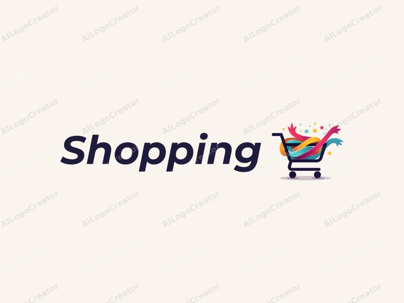 a modern design featuring a colorful shopping cart intertwined with vibrant ribbons, set against a clean background that evokes the atmosphere of a bustling mall.