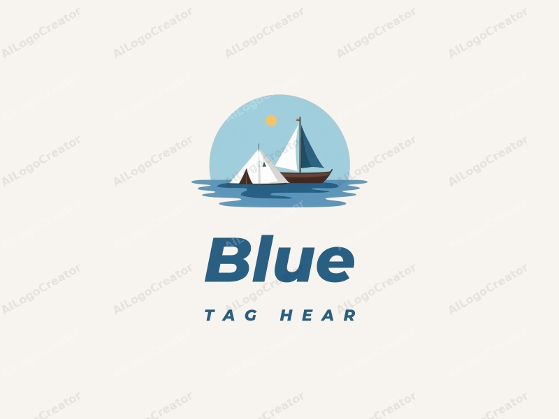 minimalist design features a stylized tent and sailboat against a blue ocean and sky background, emphasizing simplicity and harmony.