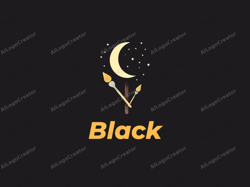 minimalist design features a stylized moon and a paintbrush, combined with a clean black background, evoking a sense of night and creativity.