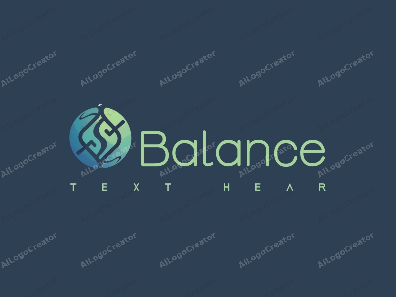 a modern design featuring elements of balance and harmony, incorporating sports and technology motifs, with a clean background in blue and green colors.