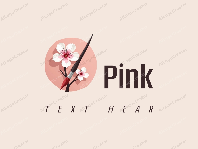 minimalist design features delicate cherry blossoms, a stylized paintbrush, and a clean background with soft pink tones.