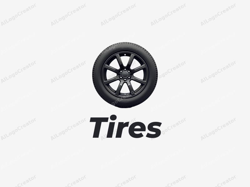 modern design features a stylized tire and wheel combination, incorporating a sleek rim design with a clean background.