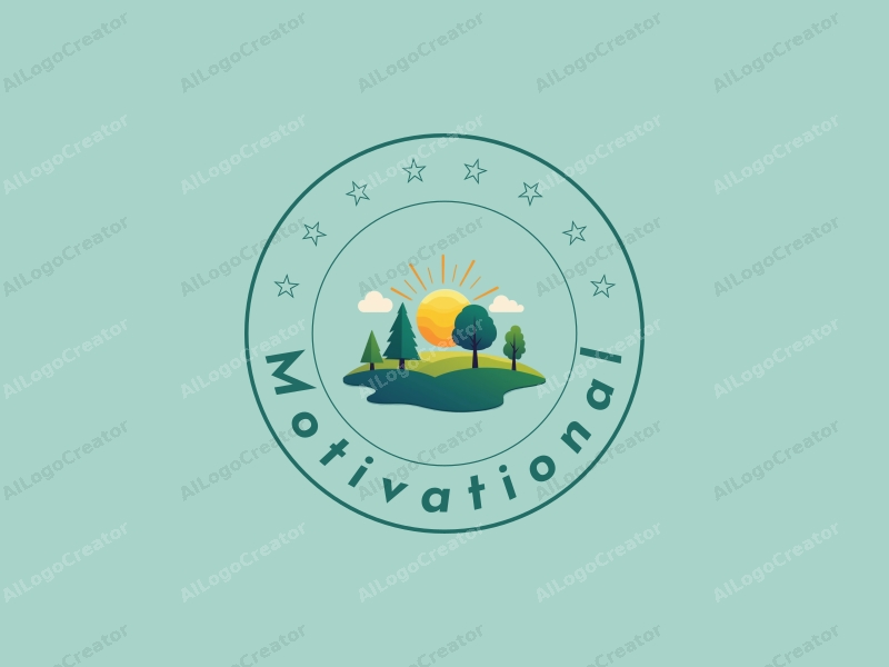 a modern design featuring stylized trees and sunlight, symbolizing motivation and encouragement, combined with a clean background in blue and green tones.