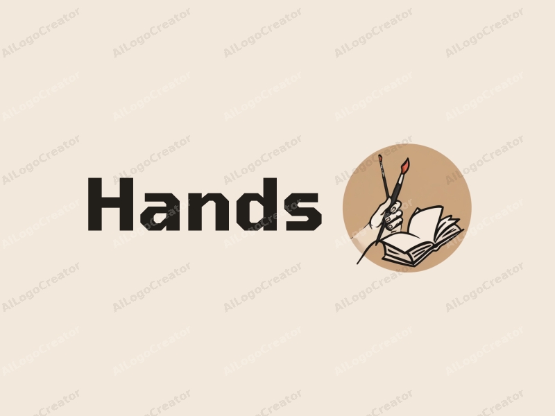 a modern design featuring a hand holding a paintbrush and a book, with a skin tone color palette, combined with a clean and simple background.