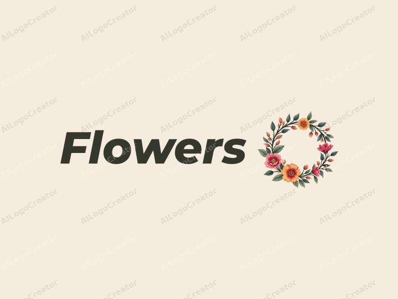 a romantic and modern design featuring colorful petals and a stylized bouquet intertwined with a wreath and leaves, combined with a clean background.