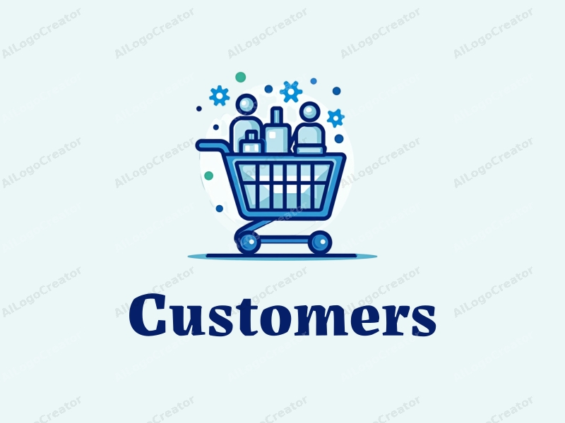 a modern design featuring a stylized shopping cart filled with products, accompanied by abstract representations of customers and shoppers, utilizing a clean and simple composition with a blue color palette.