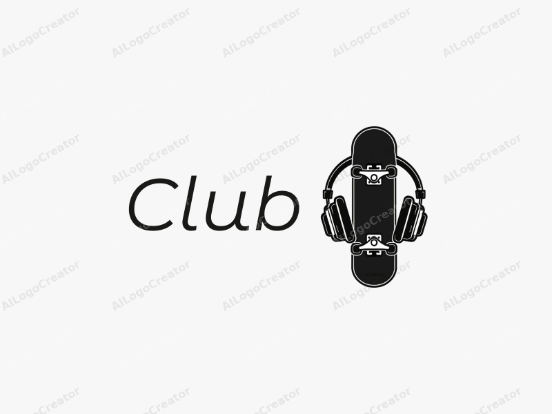 a modern minimalist design featuring a stylized skateboard and headphones intertwined with club elements, set against a clean black and white background.