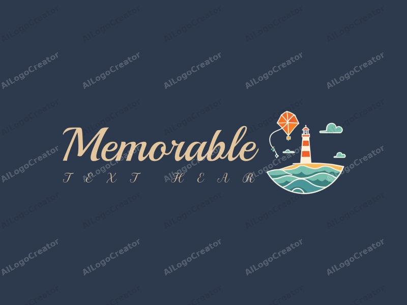 playful design features a stylized kite and a lighthouse, combined with a clean background and a whimsical approach.