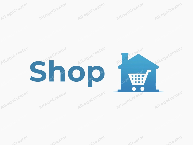 a modern design featuring a stylized shop and shopping cart integrated with a clean architectural silhouette, combined with a blue color palette and a minimalist approach.