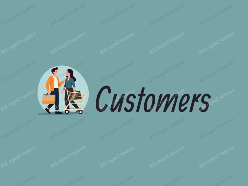 a modern design featuring a stylized customer and shopper interacting with a shopping cart and shopping bag, combined with a clean background.