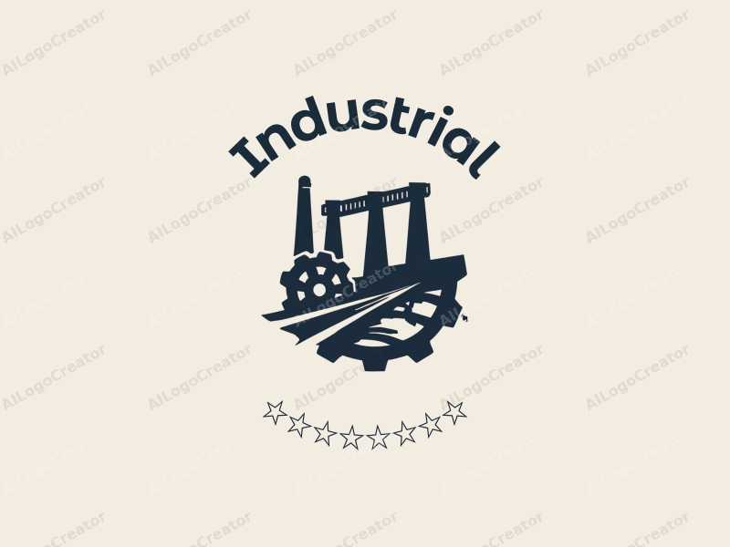 modern design features a stylized factory silhouette, interlocking gears, and a conveyor belt, combined with a clean background.