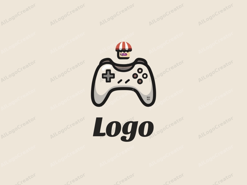 minimalist design features a stylized game controller and an abstract shop icon, combined with a modern design approach and a clean background.