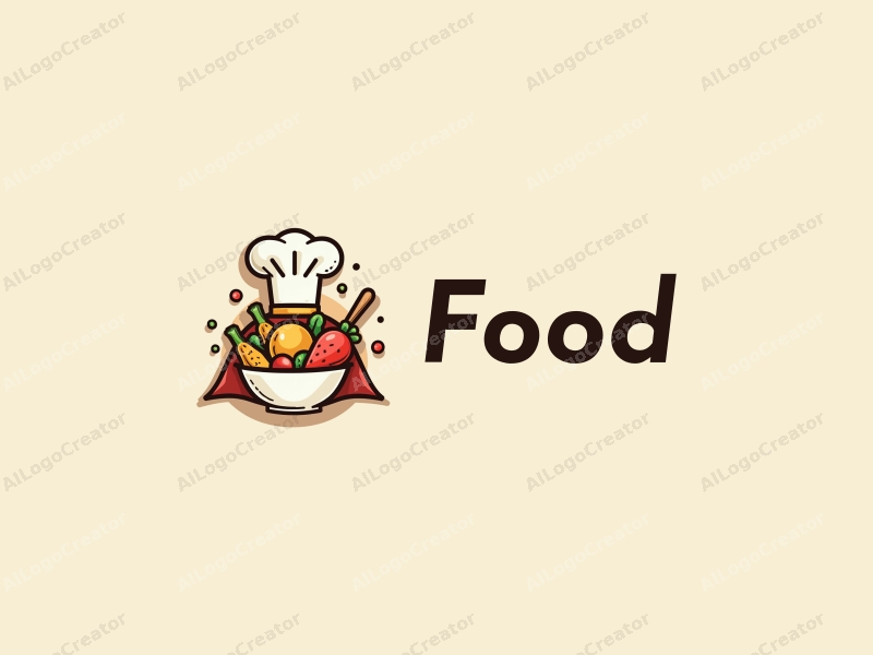 a modern design featuring vibrant food elements, a stylized hat and cape, combined with a clean background for a harmonious and simple composition.